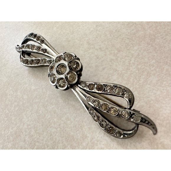 Antique Art Deco untested silver tone clear glass paste rhinestones brooch pin - Picture 3 of 10
